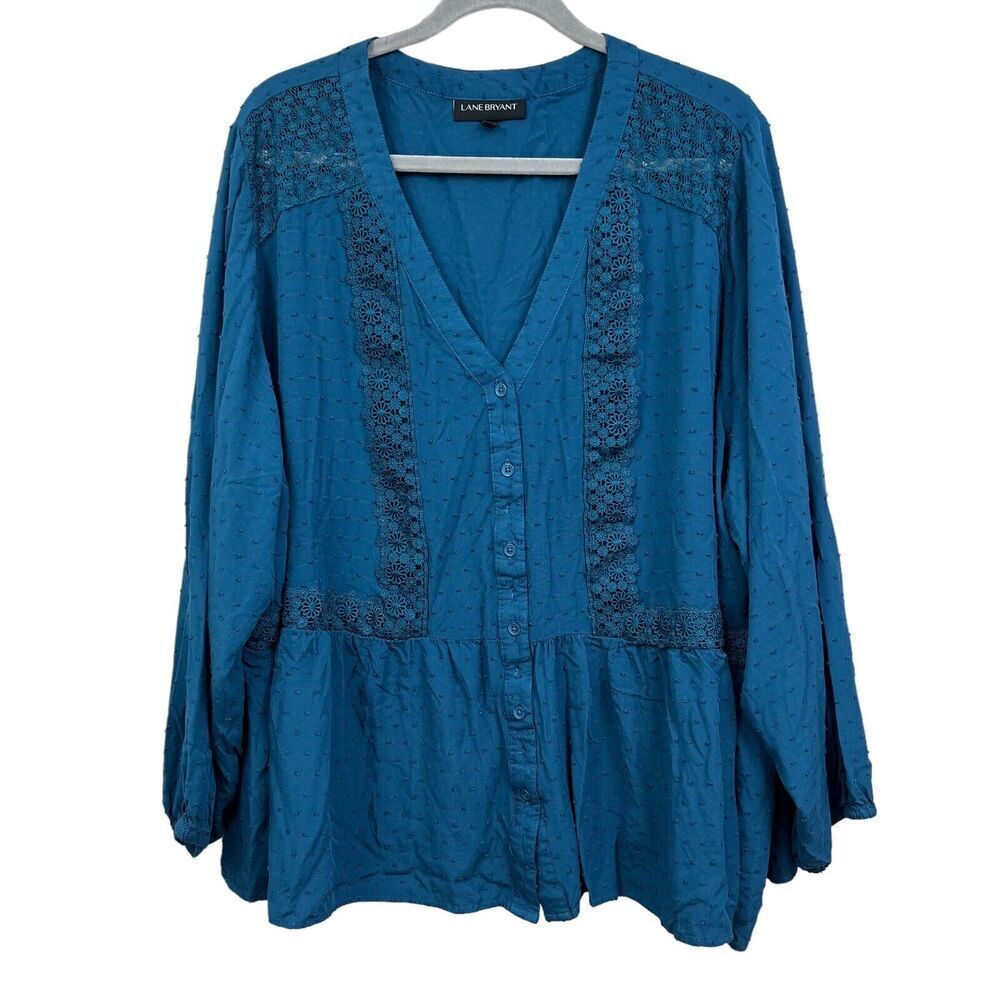 Lane Bryant Pheasant Top Blouse V Neck Lace Detail Ruffled Hem Teal Women Sz 26*